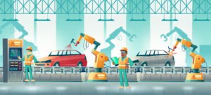 Robotized car factory cartoon vector concept